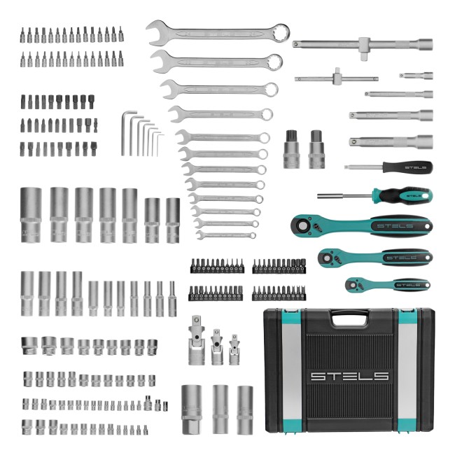 Набор инструментов 1/4", 3/8", 1/2", Cr-V 216 предметов Stels Набор инструментов 1/4", 3/8", 1/2", Cr-V 216 предметов Stels