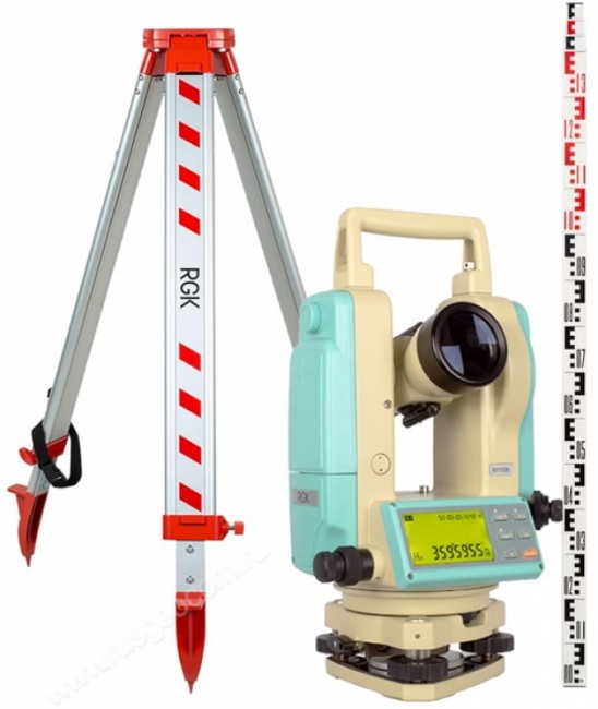 Комплект теодолит RGK T-02 (лазерный отвес) с поверкой штатив рейка - 3 в 1